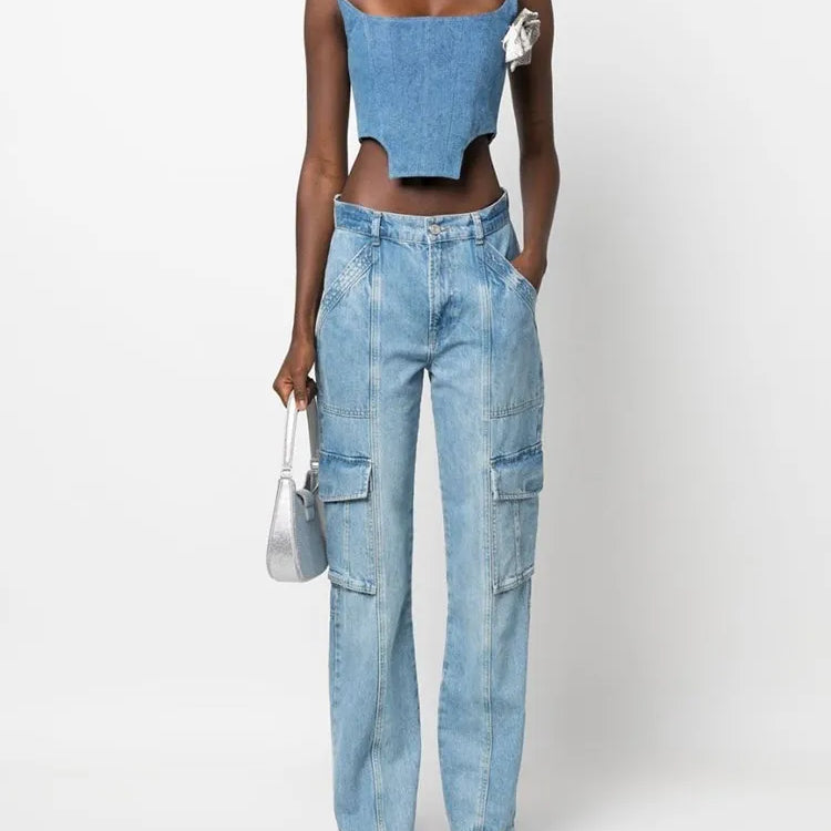 Denim Irregular Vests For Women Slash Neck Sleeveless Patchwork Appliques Slimming Vintage Vest Female Fashion 2023