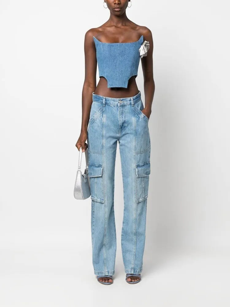 Denim Irregular Vests For Women Slash Neck Sleeveless Patchwork Appliques Slimming Vintage Vest Female Fashion 2023