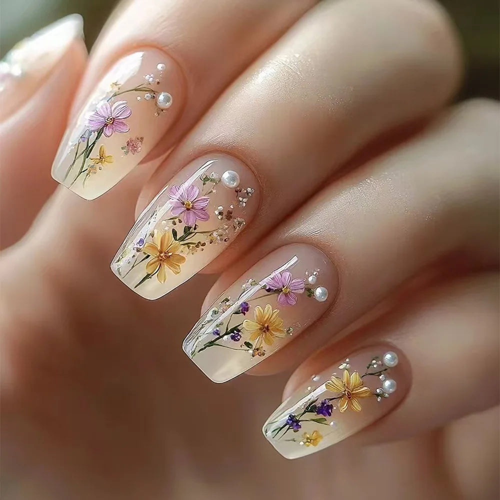 24pcs Flower Full Cover Nail with Pearl Design Mid-length Ballet False Nails Press on Square Fake Nail Tip Wearable Manicure Set DZ627