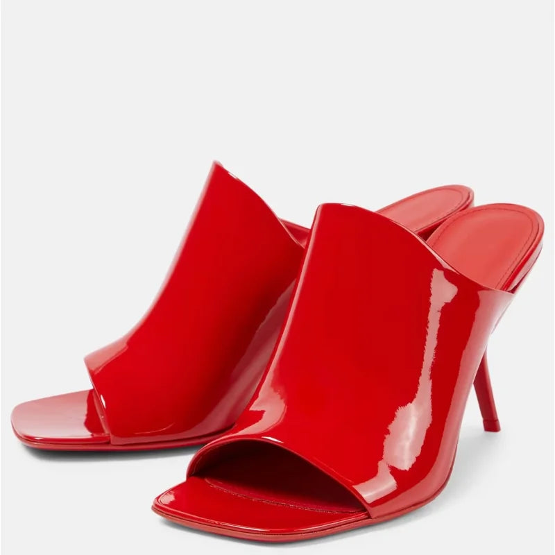 2025 New Style Women's High Heels Shoes Patent leather Pointed Toe Solid Color Night Club Party Shoes Femme Summer Half Slippers red slippers