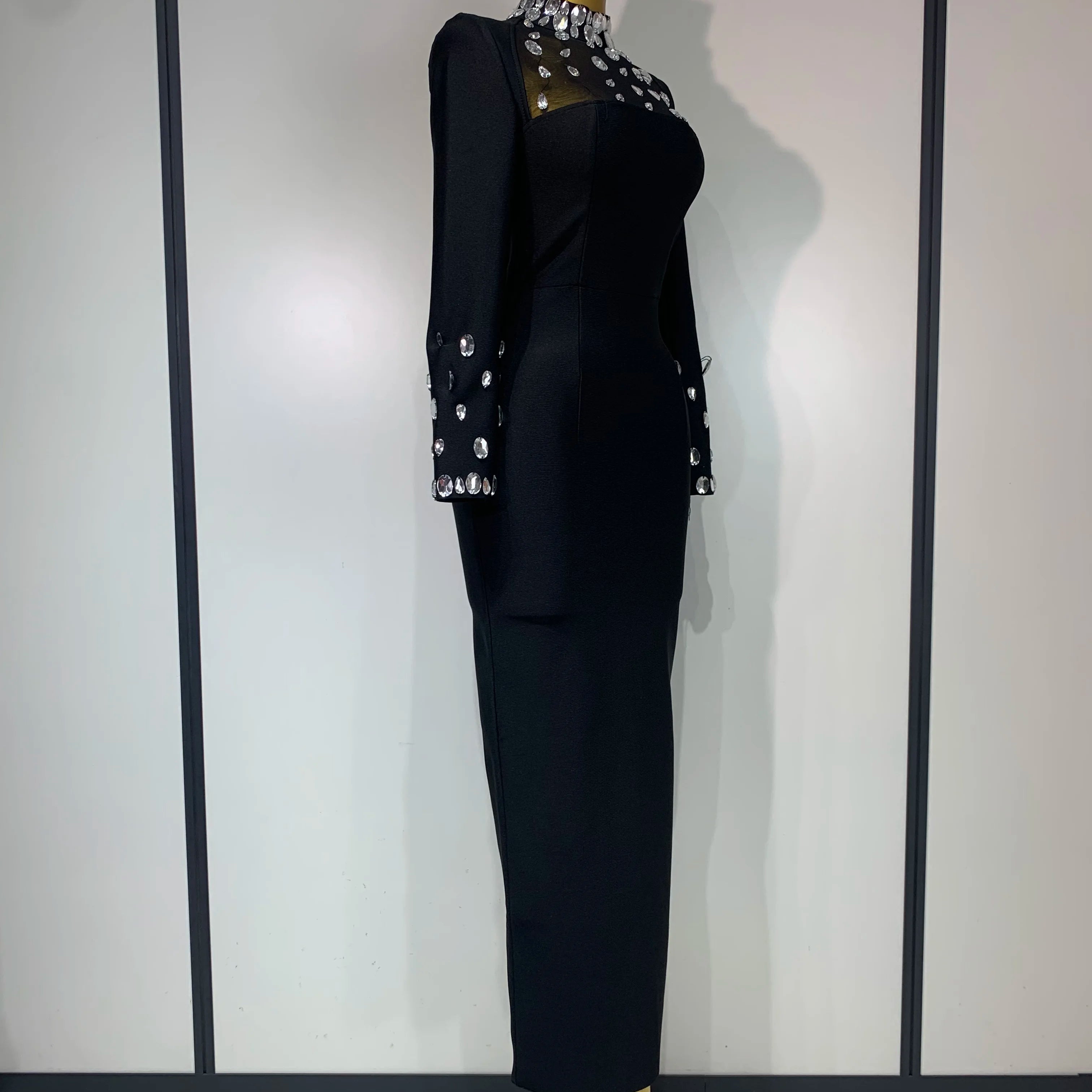 Luxury Birthday Dresses Sparkly Diamond Long Sleeve Black Bodycon Bandage Dress Women Wedding Evening Club Party Prom Gowns