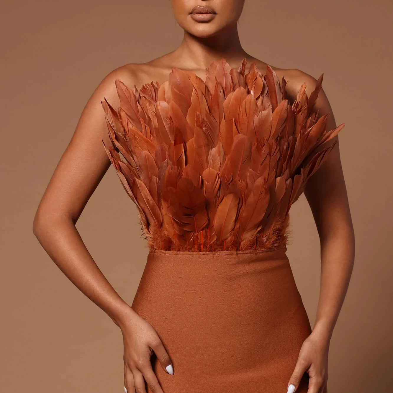 Brown Rosered Women Sexy Feathers Off the Shoulder Bodycon Mid-calf Dress Rayon Bandage Birthday Party Costume