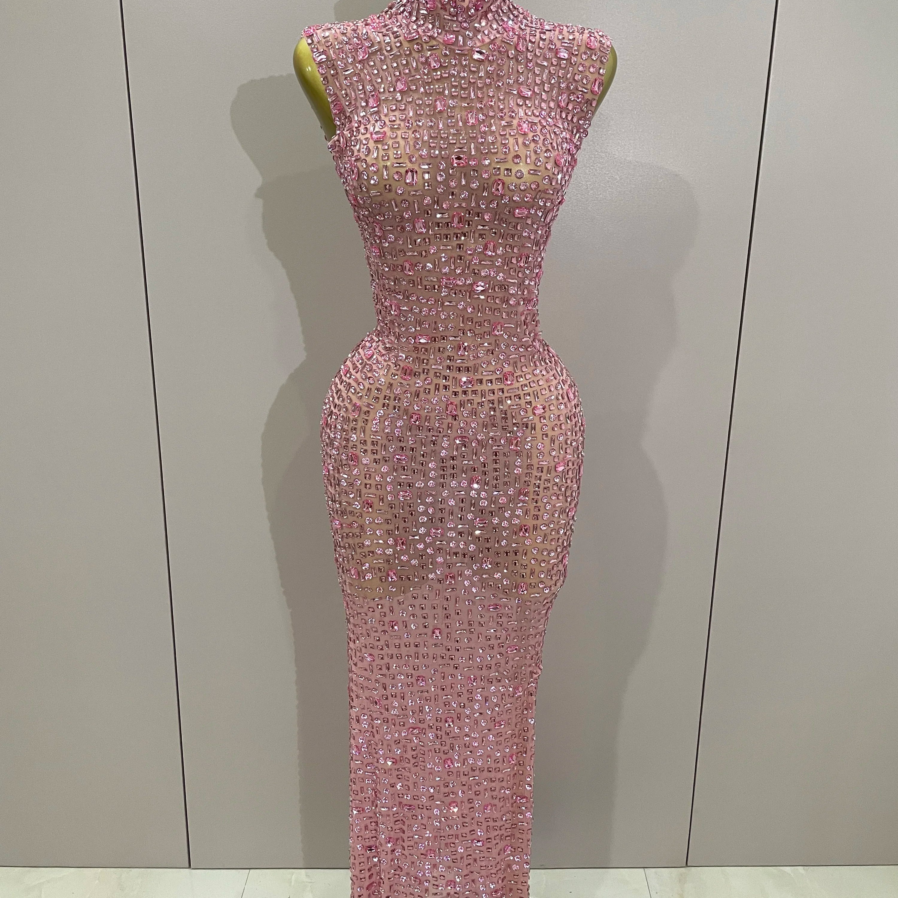 Sexy Sparkly Crystal Diamonds Mesh See Through Long Dress 2025 New Women Elegant Party Costume Singer Stage Performance Outfit Pink