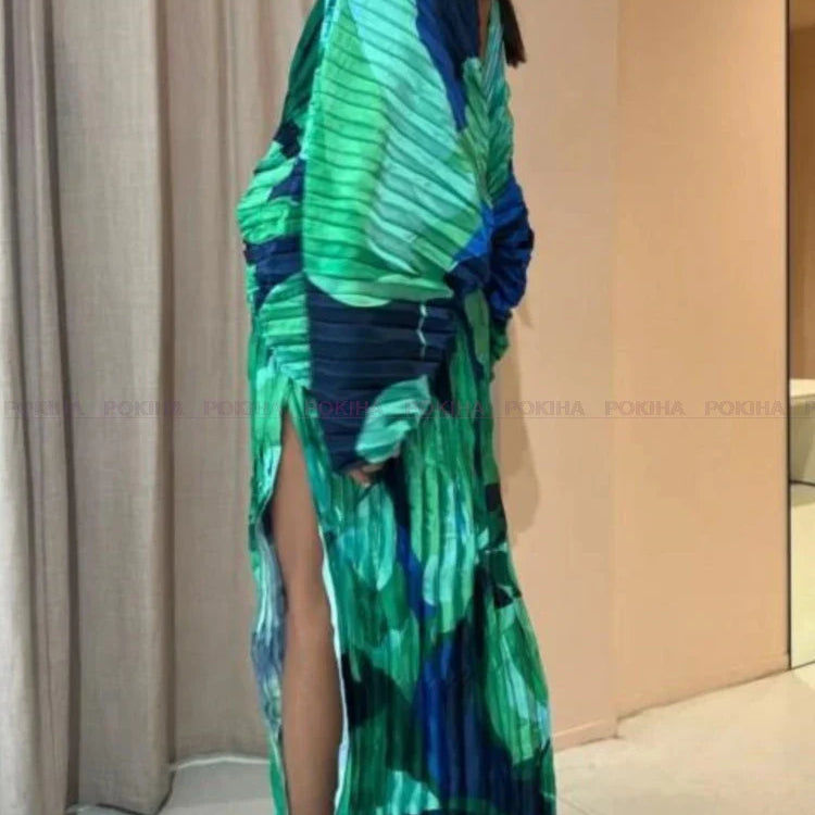 CIL V-neck Loose Backless Baggy Sleeve Women Split Maxi Dress Vintage Printed Vacation Elegant Pleated Long Dress Vestido