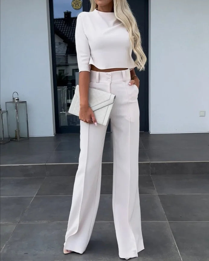 2024New Fashion Women's Elegant Small High Neck Casual Shorts Top Pocket Micro Horn Elegant Pants Set WHITE