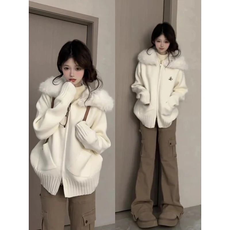 YIBASHU American Retro Hooded Sweater with Fur Collar and Knitted Sweater Women Autumn Winter Casual Loose White Cardigan Sweate WHITE