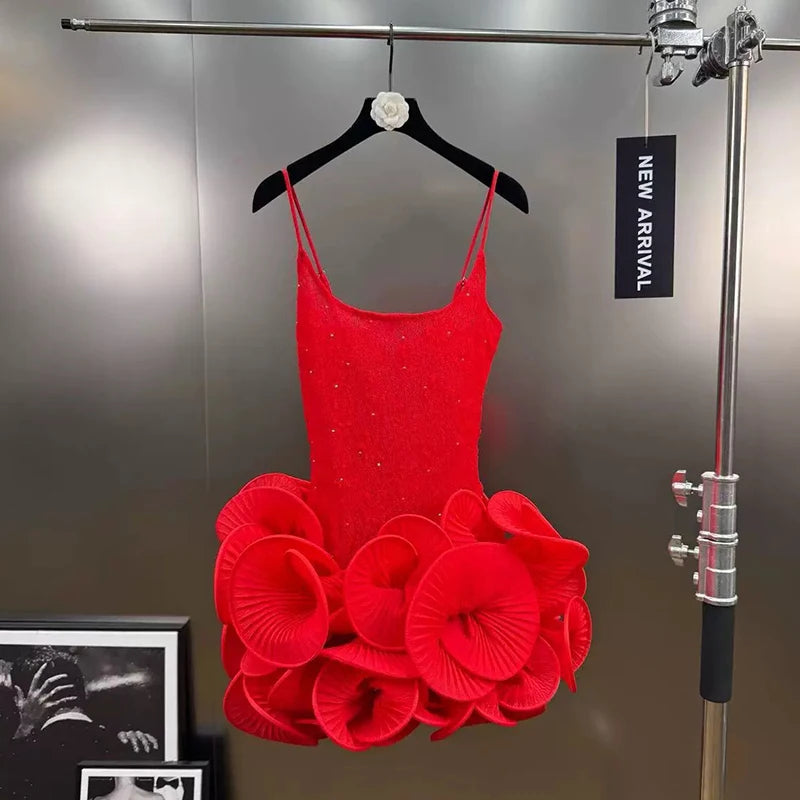 Autumn Winter New Elegant Sweet Rhinestone Ruffle Puff Sleeve Strap Dress For Women Backless Dresses Female 11A07818 Red