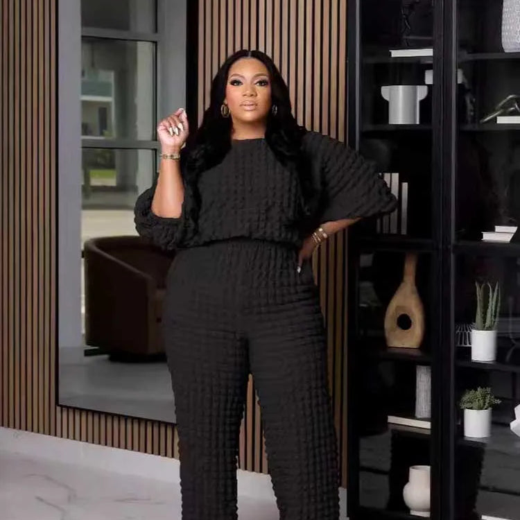 Curvy Plus Size Woman Clothing Fall Winter Long Sleeve 2 Piece Outfit Set Bubble Waffle Pleated Top and Pants Sets Elegant Suit