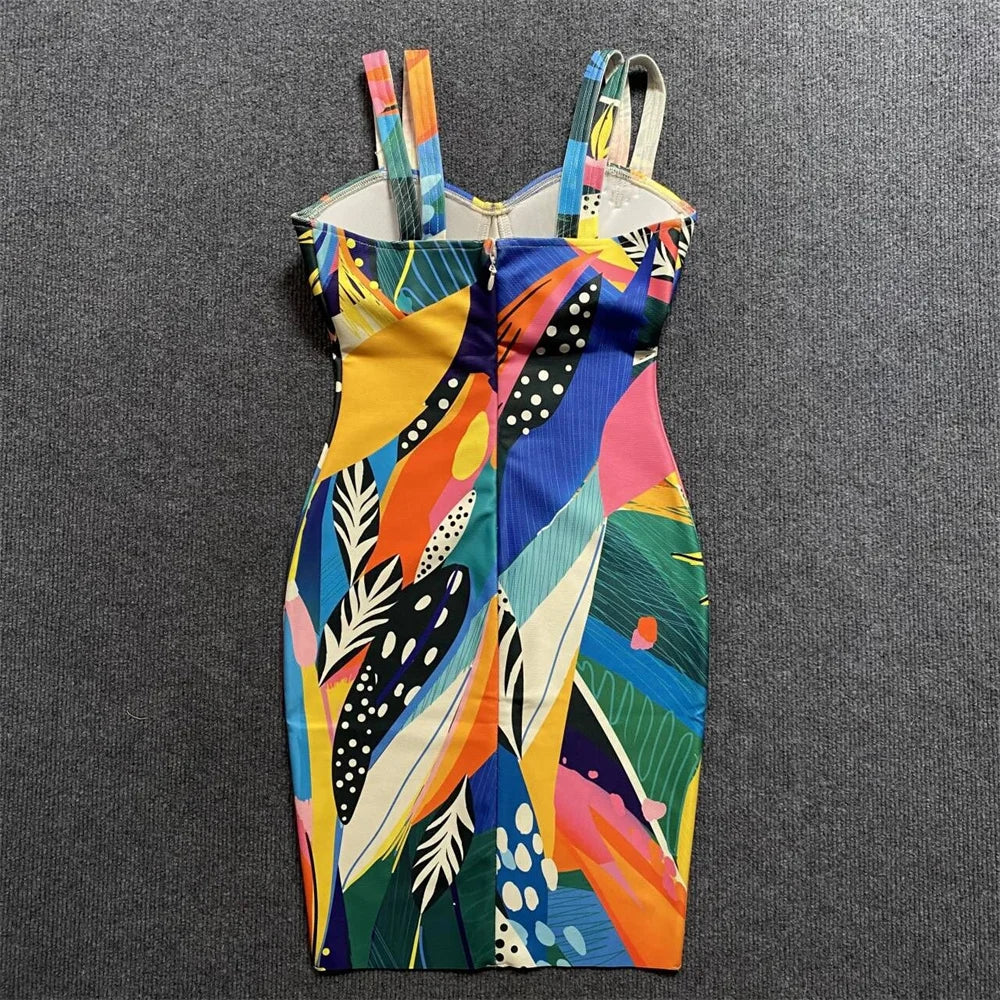 Women Sleeveless Sexy Square Collar Colorful Print Bodycon Mini Bandage Dress Nightclub Party Birthday Dress