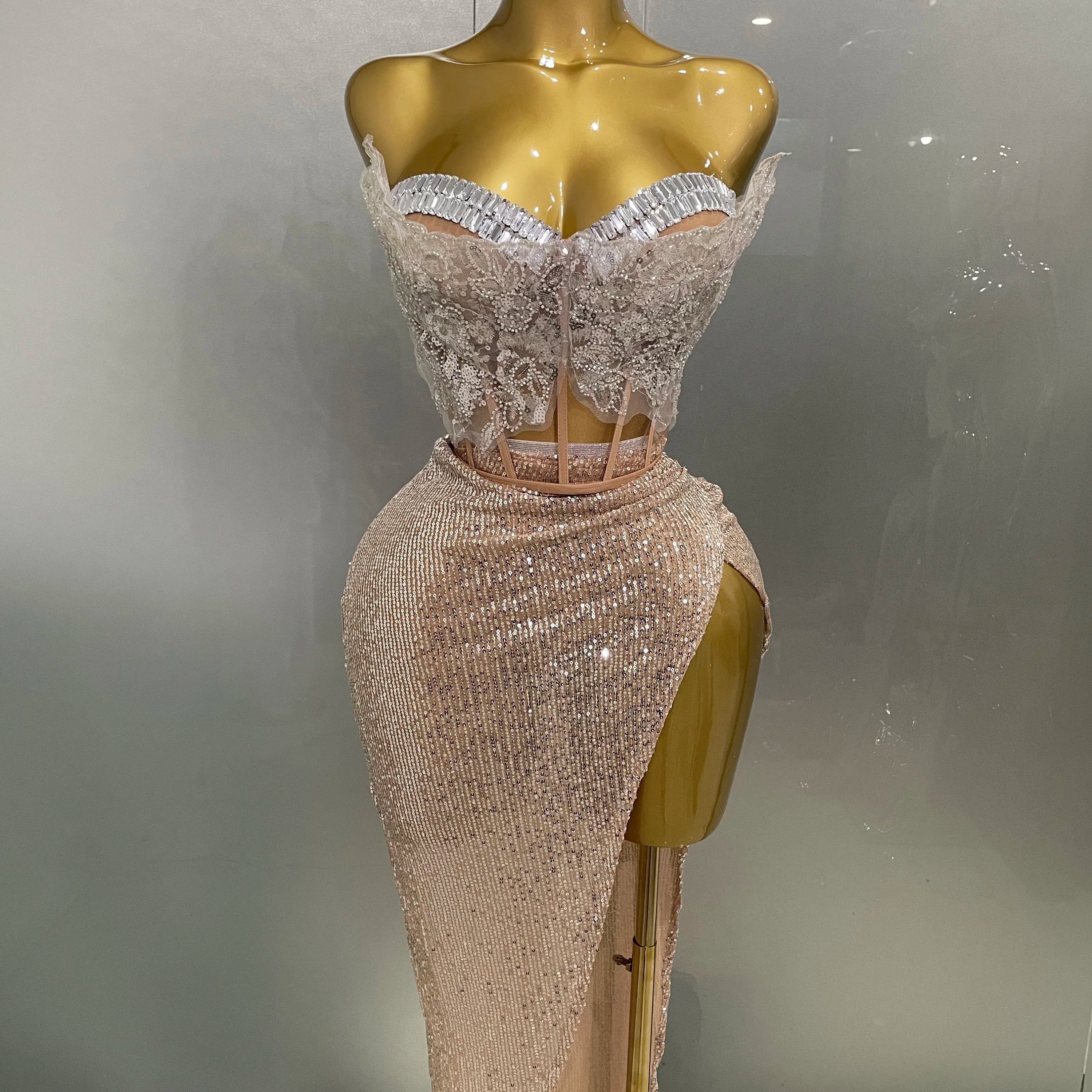 2025New Women Sparkle Rhinestone Sequins Two Pieces Evening Party Dress Celebrate Festival Dancer Bar Nightclub Ds Dj Stage Wear Khaki