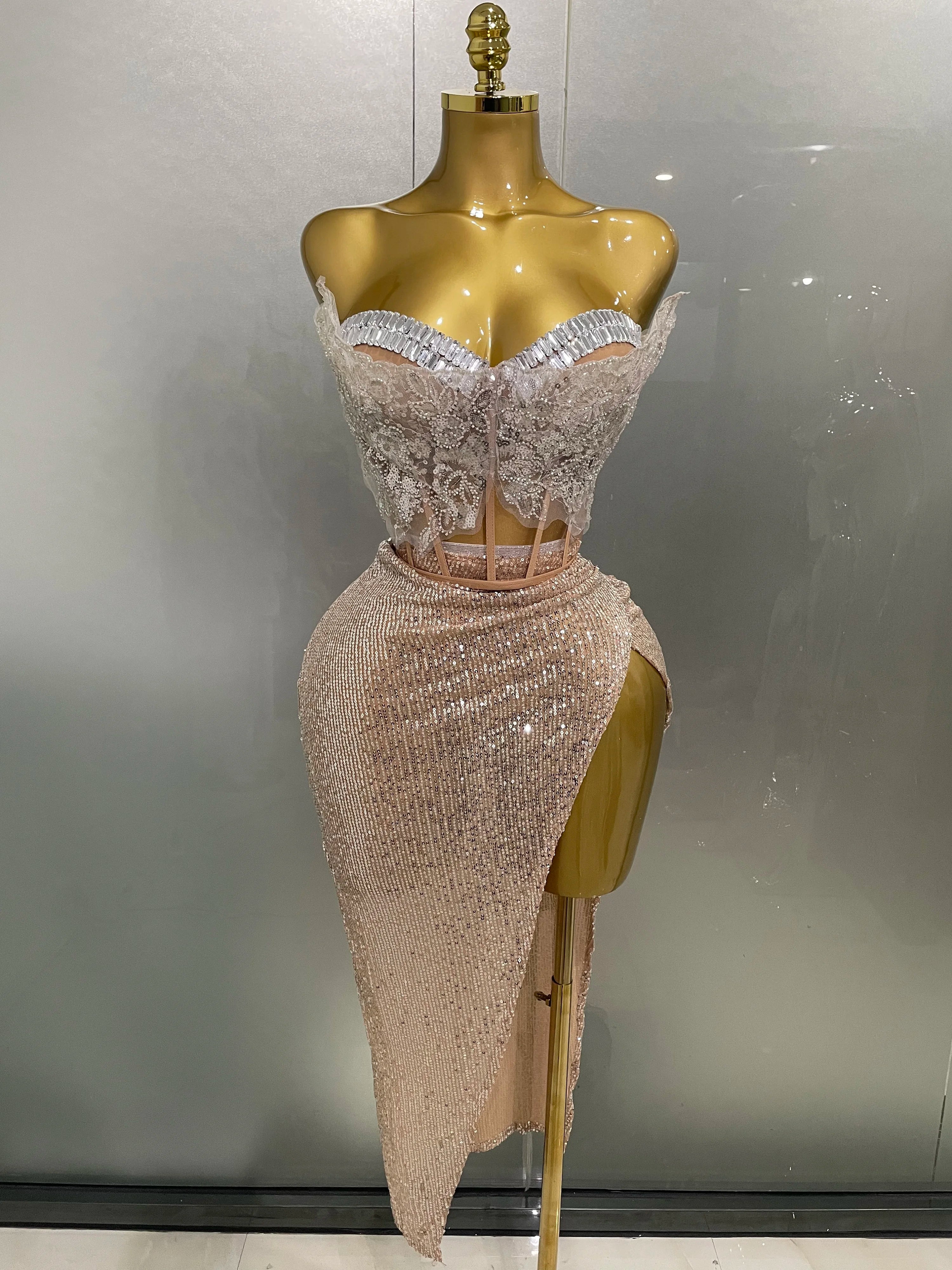 2025New Women Sparkle Rhinestone Sequins Two Pieces Evening Party Dress Celebrate Festival Dancer Bar Nightclub Ds Dj Stage Wear Khaki