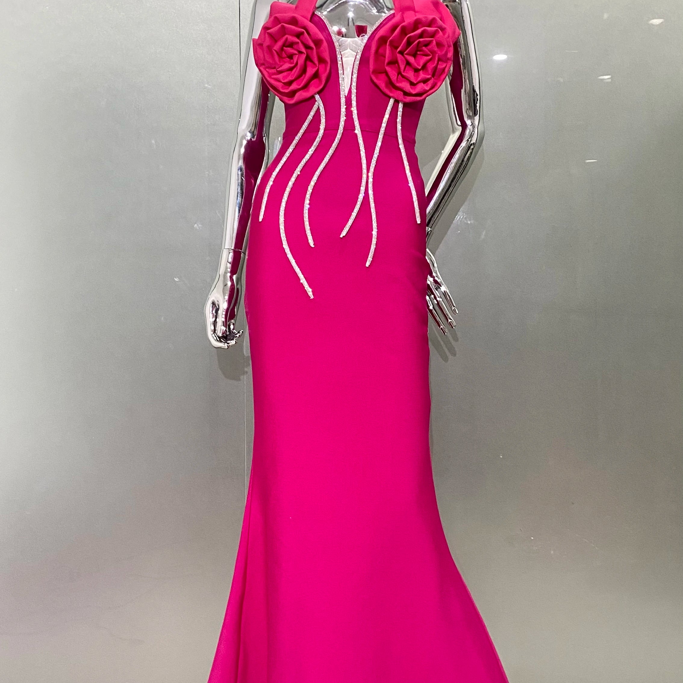 STOCK 2024 Summer Rose Red Stereoscopic Flowers Sparkling Diamonds Chain Ankle Lenght Bandage Dress Elegant Woman Evening Dress Rose Red