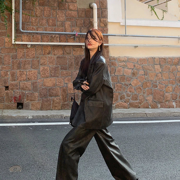 Spring Autumn Cool Retro Soft Distressed Pu Leather Blazer Jacket Women Single Breasted Loose Casual Korean Fashion 2024