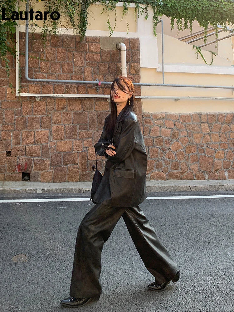 Spring Autumn Cool Retro Soft Distressed Pu Leather Blazer Jacket Women Single Breasted Loose Casual Korean Fashion 2024