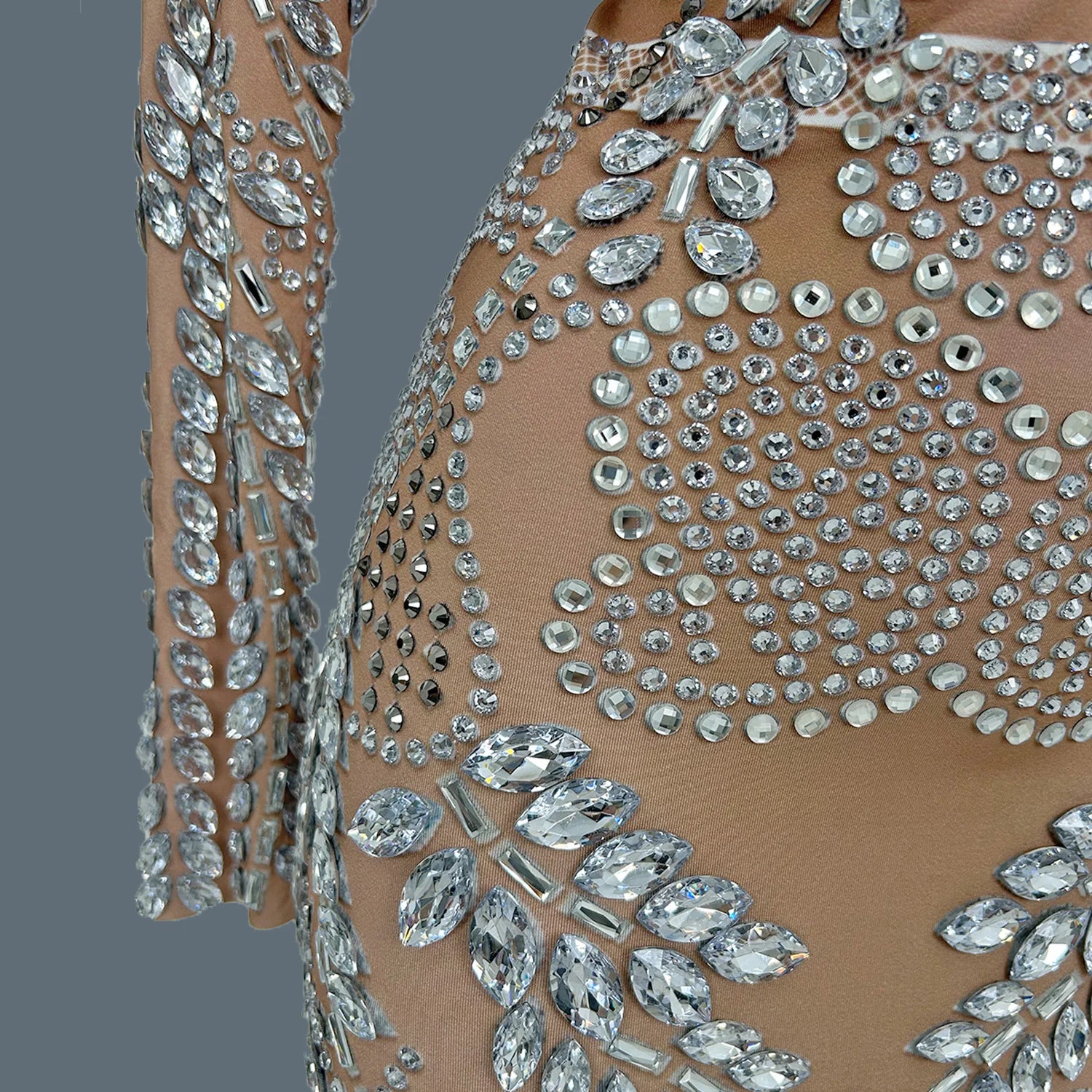 Sparkly Silver Big Rhinestone Sheer Mesh Evening Dress Birthday Celebrate Party Luxurious Costume fof Women Prom Dress Liushu