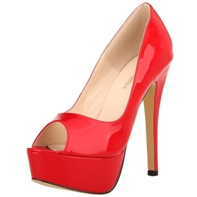 Women Pumps Sexy Platform Peep Toe 14cm Extremely High Heels Woman Patent Leather Nighclub Red Wedding Shoes Gradient Stiletto