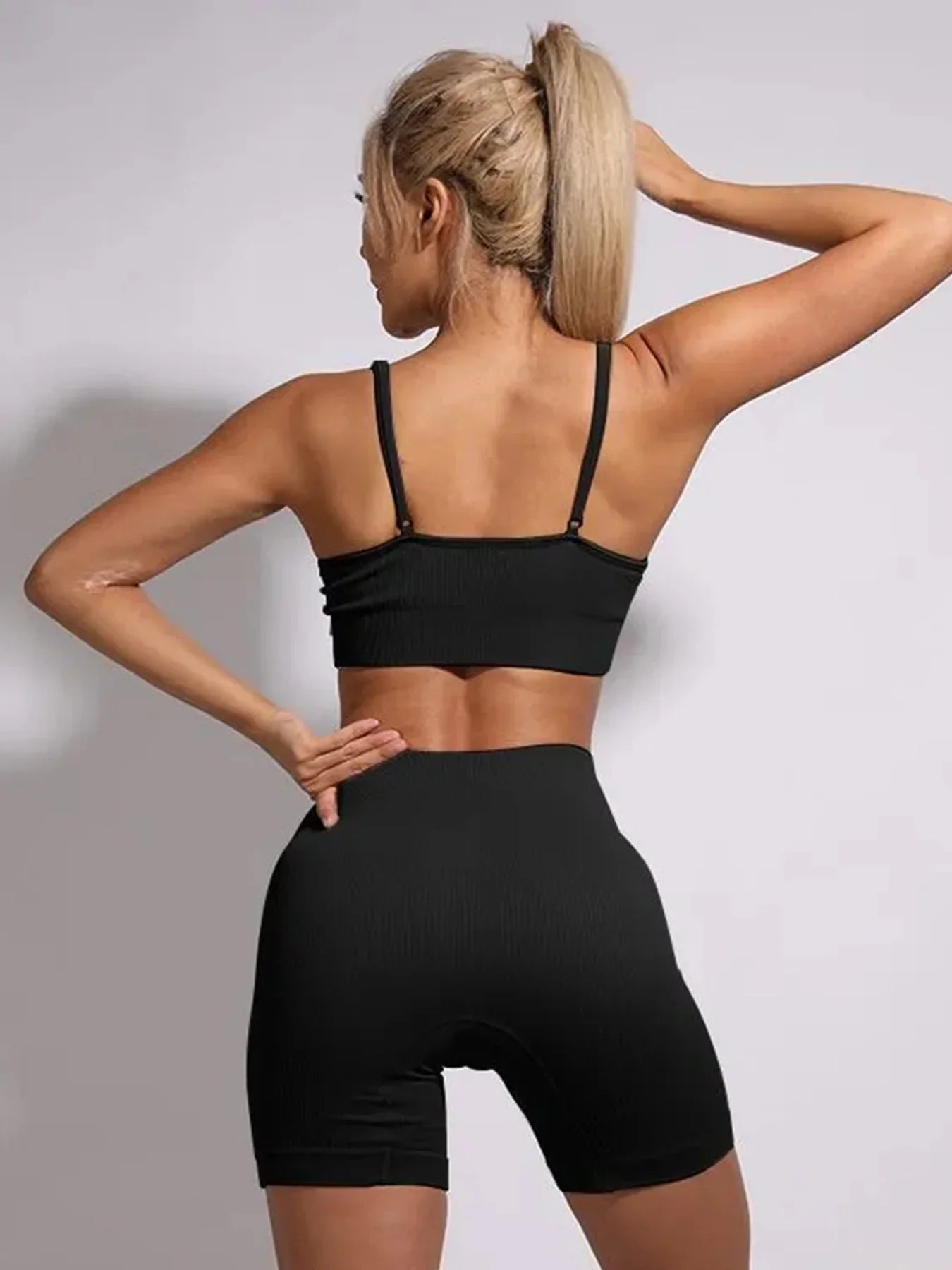 Seamless Ribbed Yoga Sets Workout Sets for Women 2 Pieces Gym Suits Ribbed Crop Tank High Waist Shorts Outfits Fitness Running Black