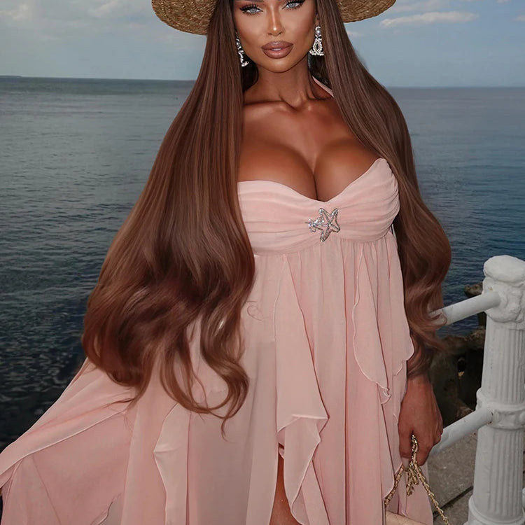 Soft Fashion Ruffle Halter Sleeveless Backless High Slit Dress for Wedding Summer Beach Gown