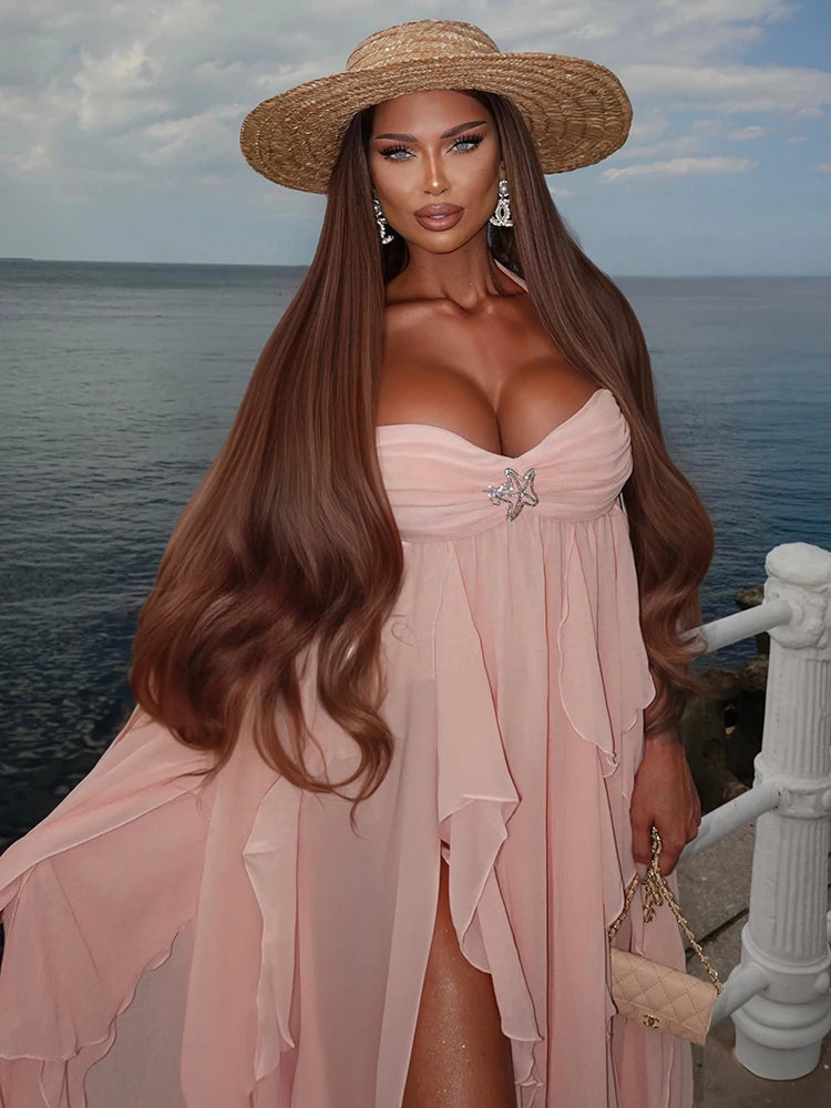 Soft Fashion Ruffle Halter Sleeveless Backless High Slit Dress for Wedding Summer Beach Gown