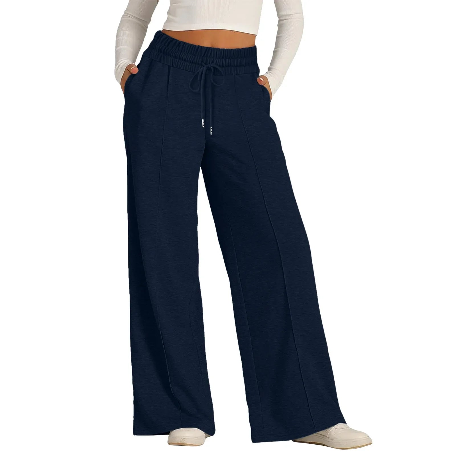 Women Oversized Wide Leg Pants Lightweight Sweatpants Elastic Drawstring Straight Leg Trousers High Waist Baggy Casual Pants Navy