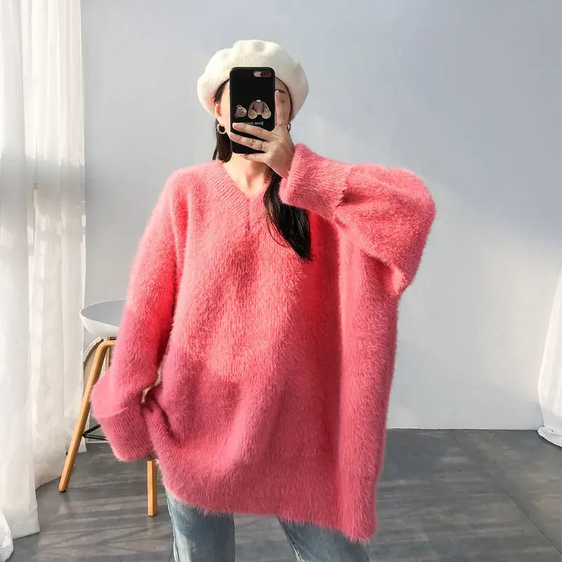 Oversized White Mink Cashmere Knitted Sweaters Loose Fit V-Neck Long Sleeve Women Pullovers Tops New Fashion Autumn Winter 2023 pink1