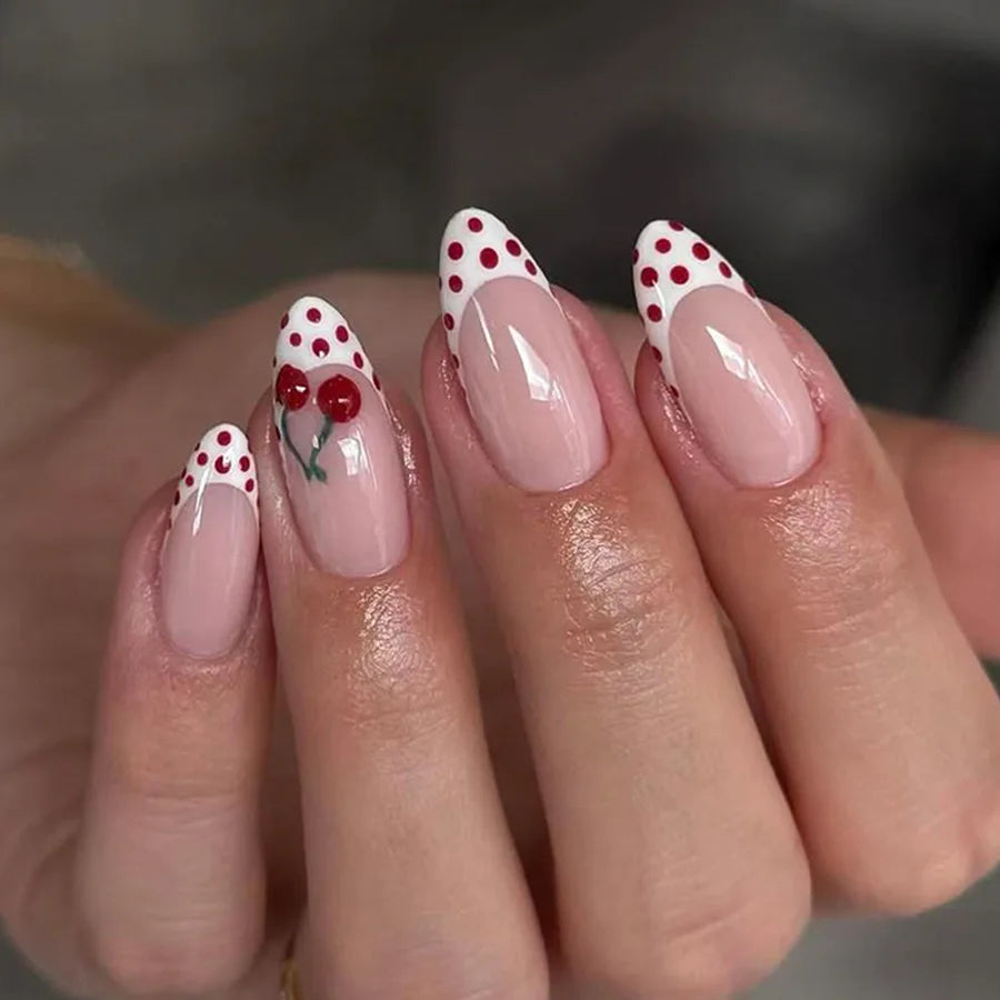 24Pcs Mid-length Stiletto Nails Set Press on French Wine Red Polka Dot False Nails 3D Cherry Reusable Full Cover Fake Nails Tips C1386