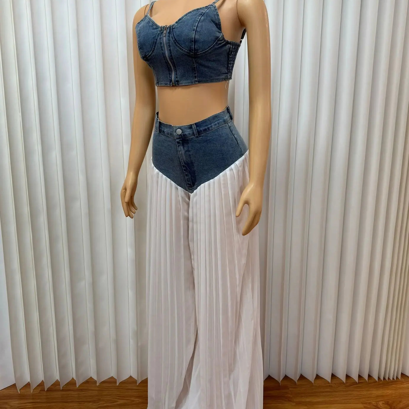 Fashion Denim Chiffon Women's Set Strapless Crop Top and Jeans Pants Suits 2025 Sexy Party Club Two 2 Piece Set Outfits