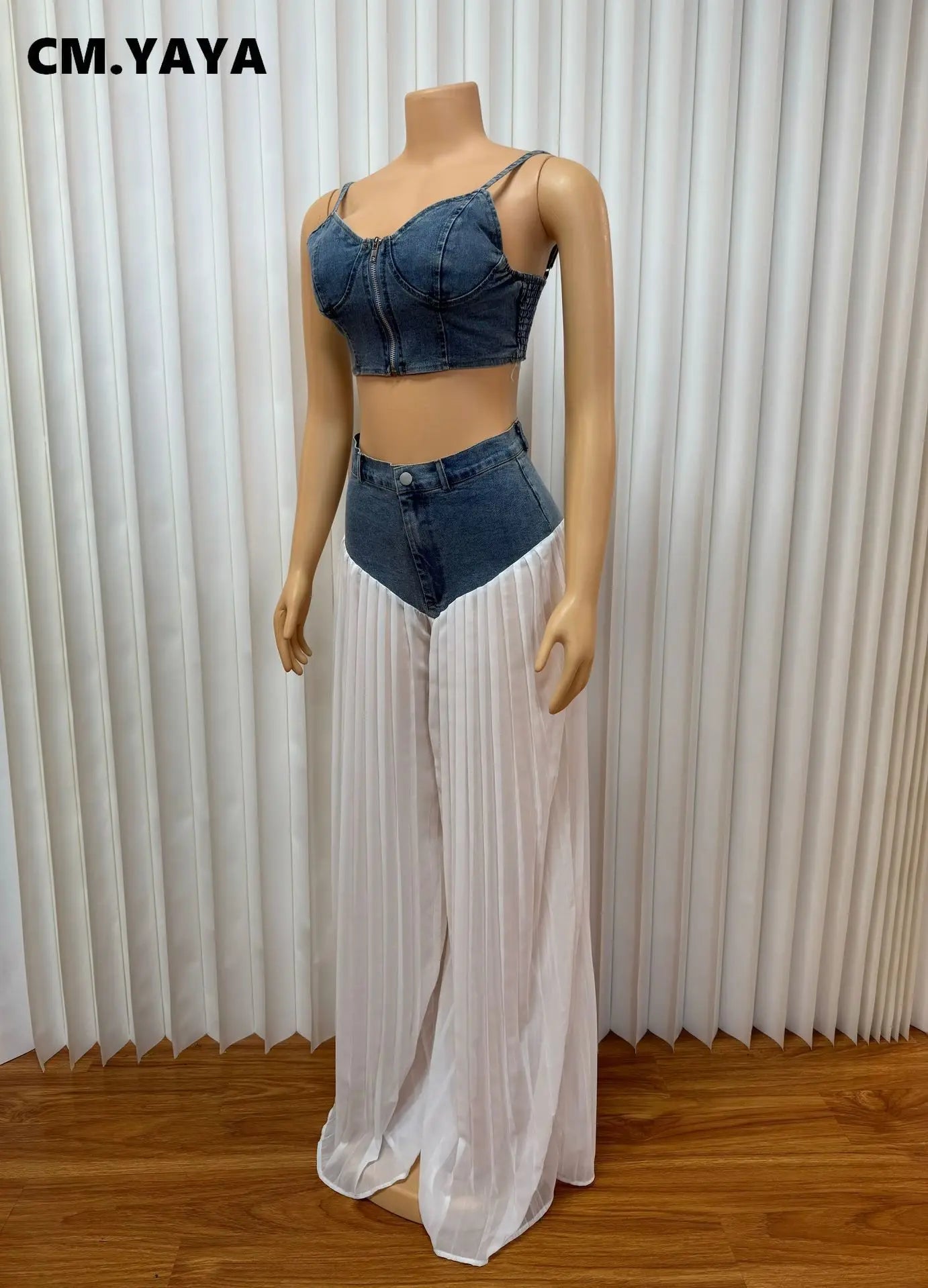 Fashion Denim Chiffon Women's Set Strapless Crop Top and Jeans Pants Suits 2025 Sexy Party Club Two 2 Piece Set Outfits