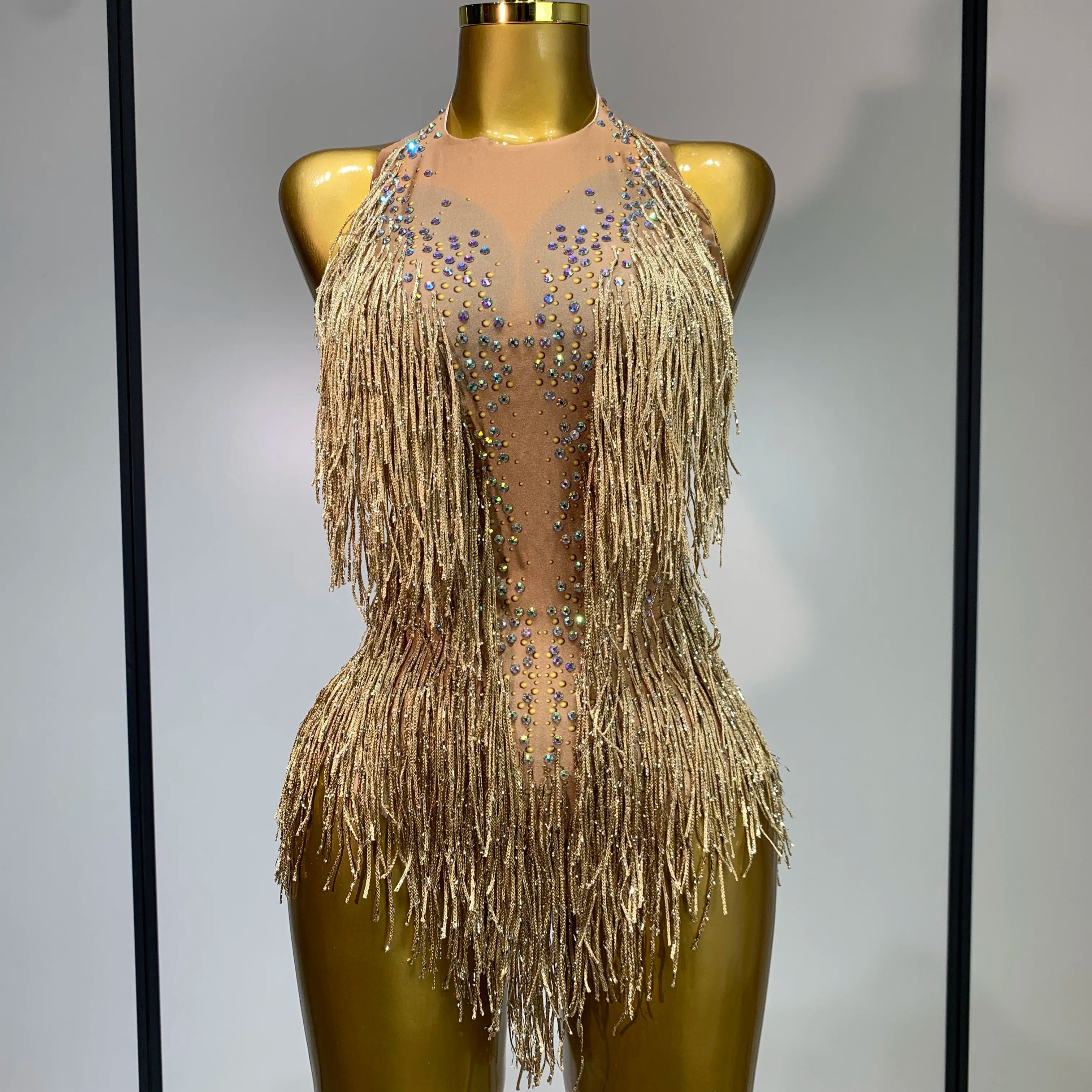 Sparkly Rhinestones Fringes Leotard Women Nightclub Evening Party Outfit Dance Costume Stage Outfit Sexy Performance Bodysuit Gold