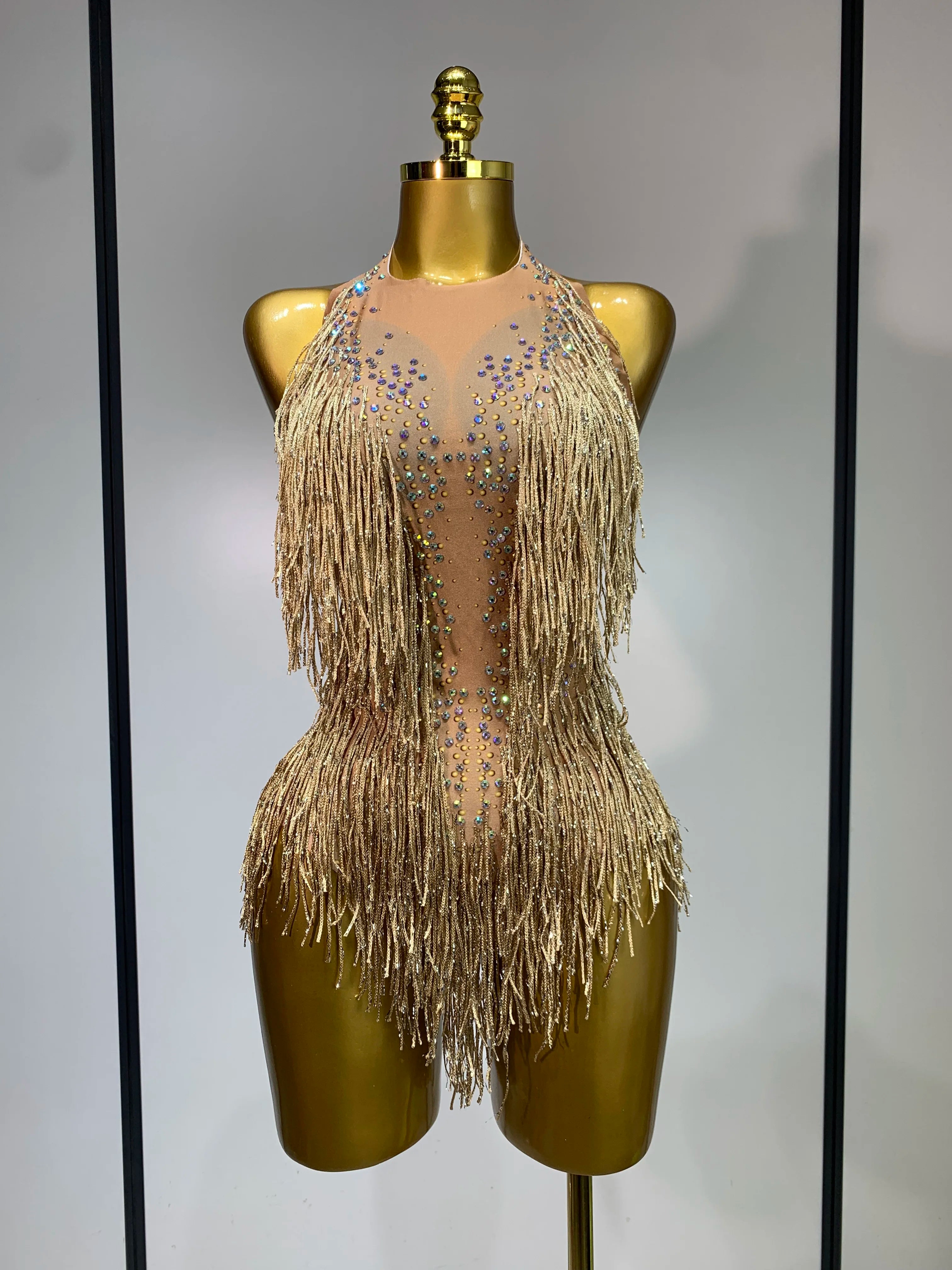 Sparkly Rhinestones Fringes Leotard Women Nightclub Evening Party Outfit Dance Costume Stage Outfit Sexy Performance Bodysuit Gold