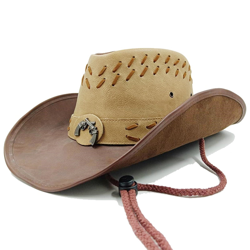 Retro Unisex Vintage Wide Brim Leather Cowboy Cowgirl Western Hat With Tassel Braid Leather Band Size 58-59CM 15 56-58cm