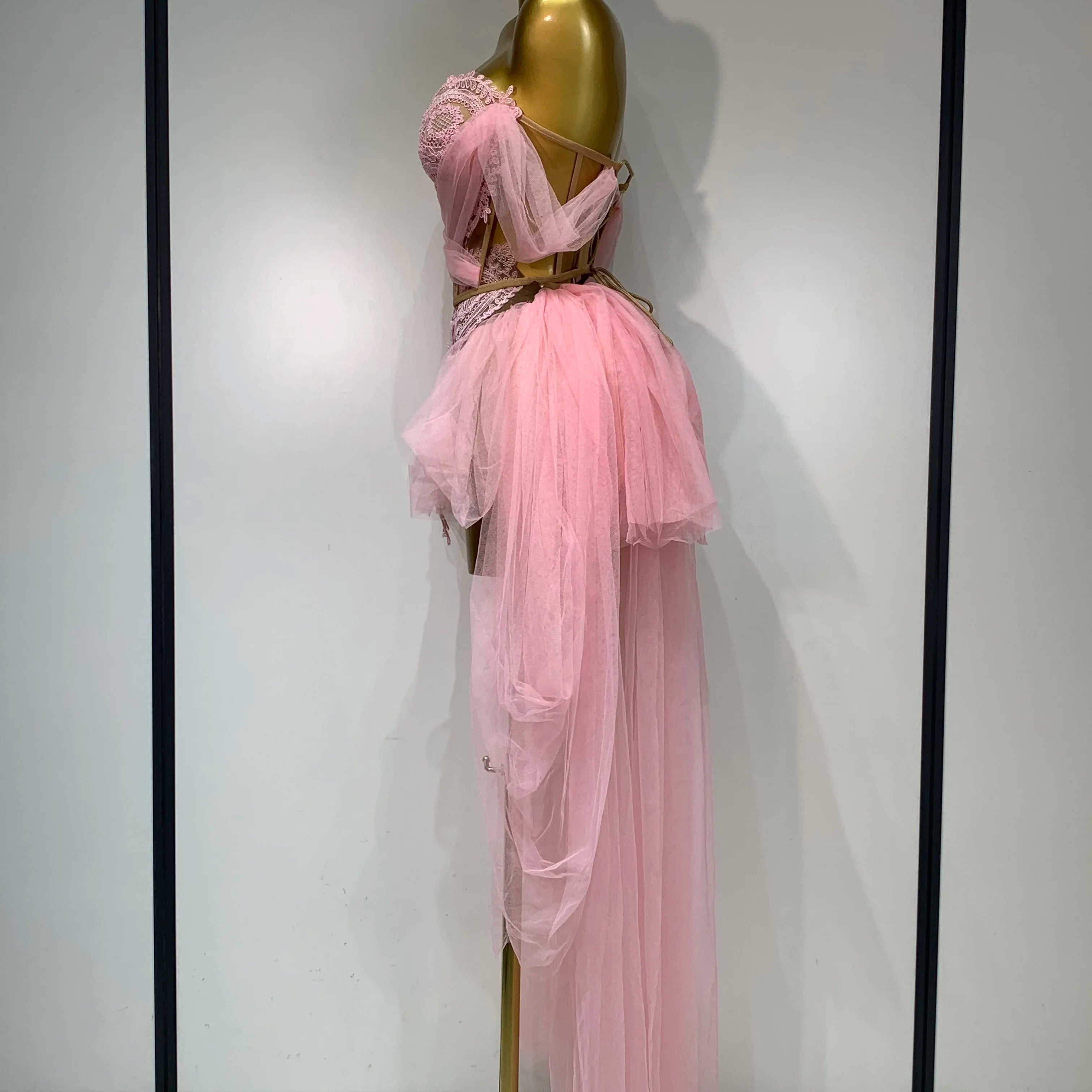 Women Sexy Strapless Pink Mesh Two Pieces Set Prom Gown Celebrate Birthday Nightclub Party Singer Stage Performance Costume