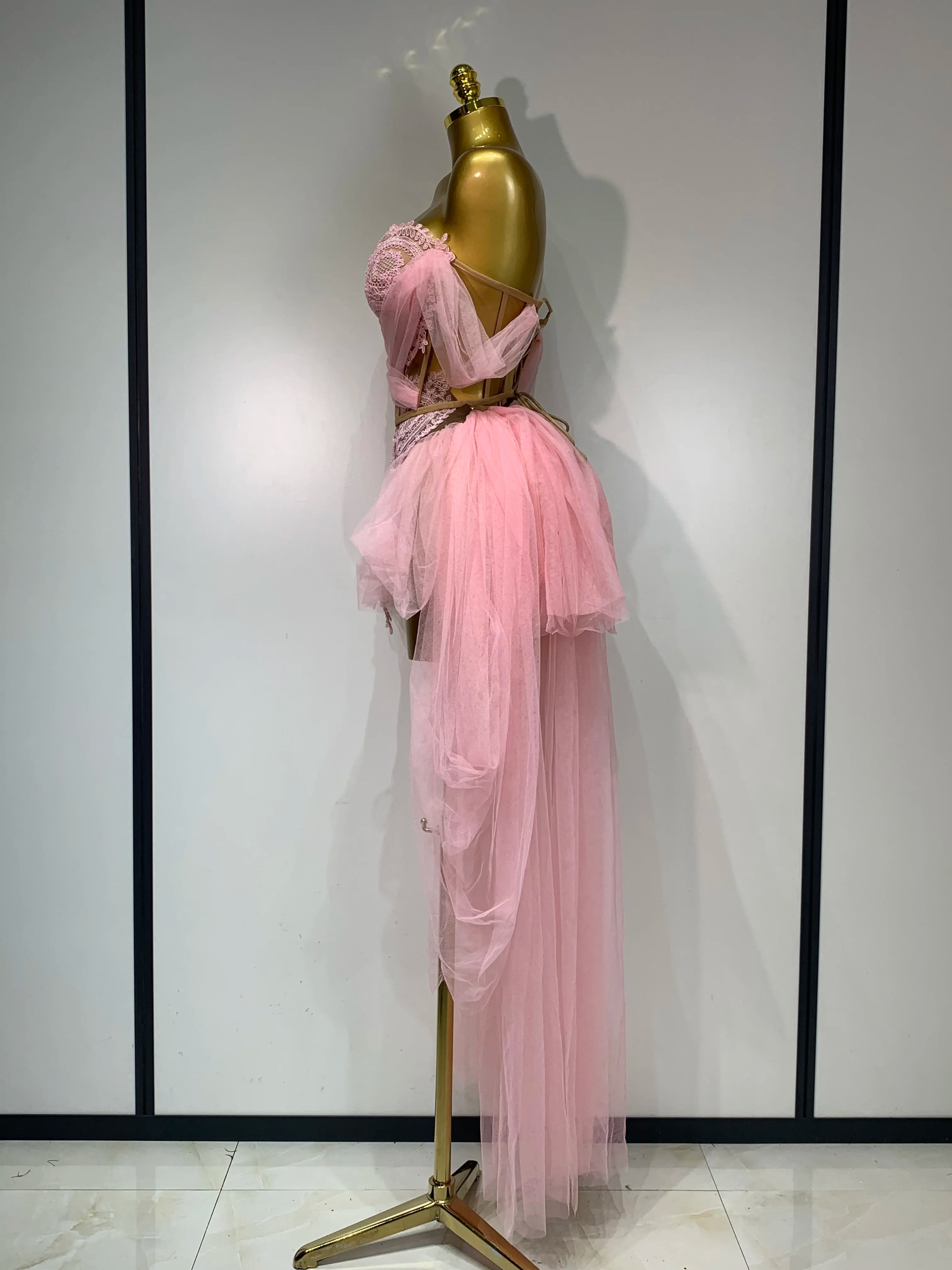 Women Sexy Strapless Pink Mesh Two Pieces Set Prom Gown Celebrate Birthday Nightclub Party Singer Stage Performance Costume