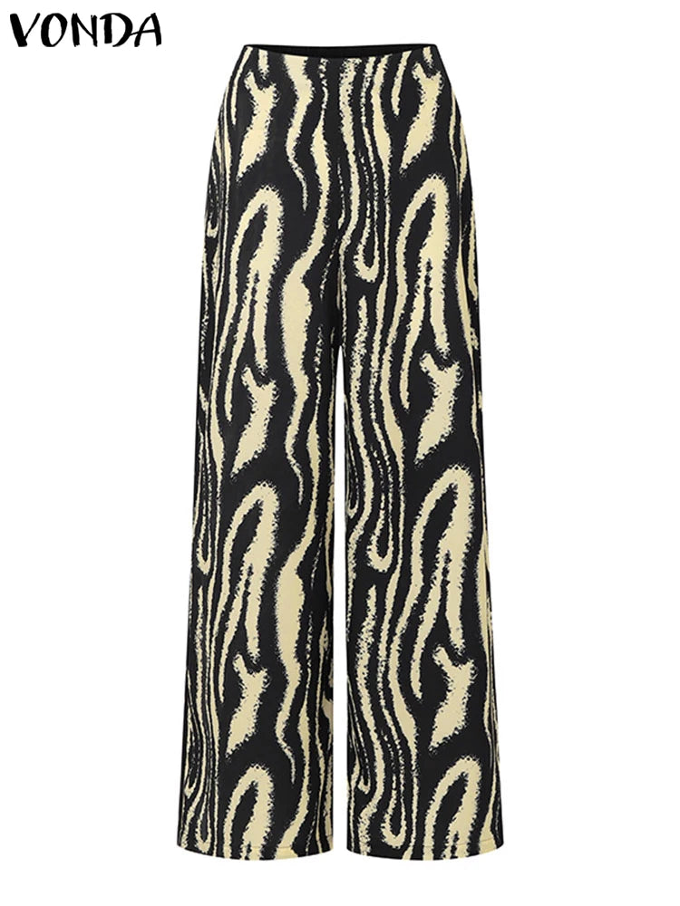 Plus Size VONDA Women Pant Sets Zebra-stripe Bohemian Printed 2PCS Long Sleeve Skew Collar Top and High Waist Pants Casual Sets
