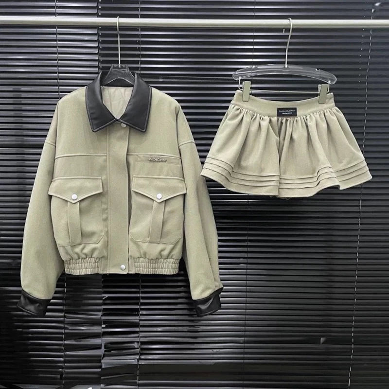 Autumn Winter New Fashion Loose Versatile Cotton Jacket Solid Color Short Skirt Two-Piece Set For Women 11A07637 Gray-green
