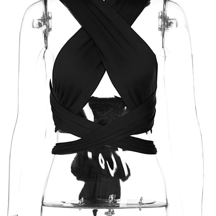 Women Strappy Cross Over Front Cut Out Halter Neck Sleeveless Backless Wrap Crop Top Bandage Vest Summer Sexy Tops Woman Clothes black