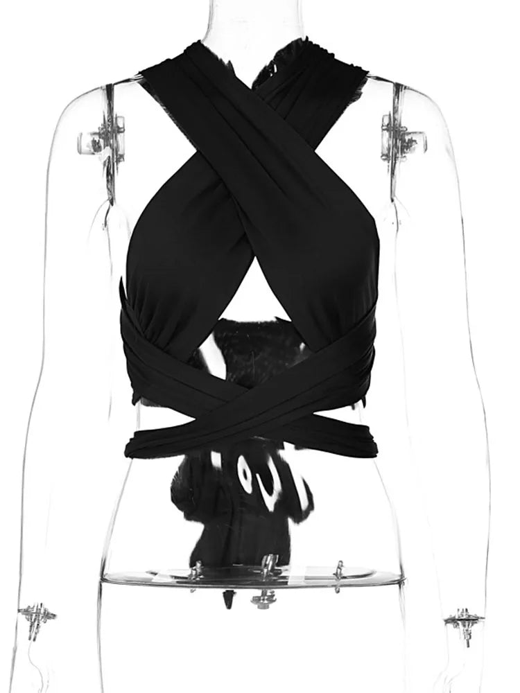 Women Strappy Cross Over Front Cut Out Halter Neck Sleeveless Backless Wrap Crop Top Bandage Vest Summer Sexy Tops Woman Clothes black