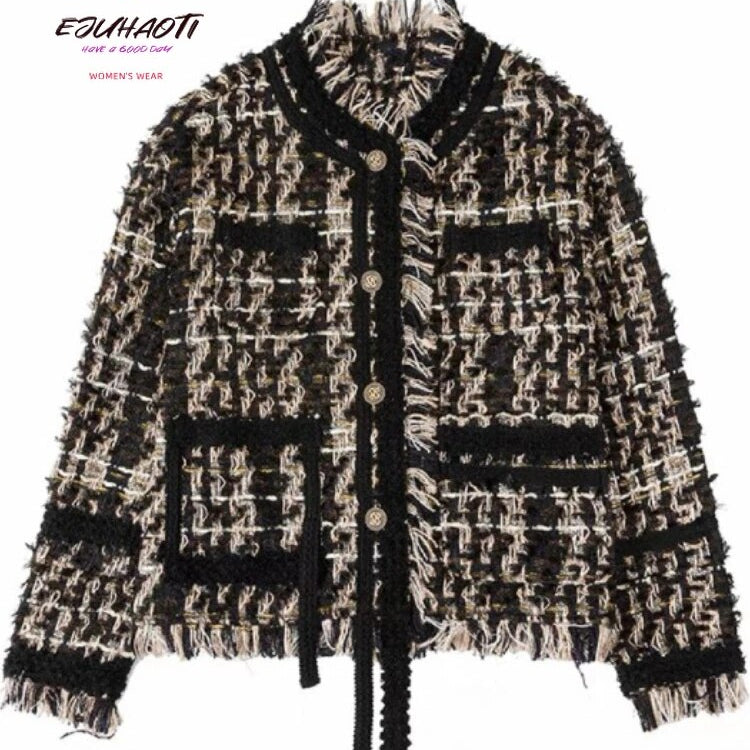 Women's Coat New French Style Small Fragrance 2024 Autumn Winter Retro Weave Tassels Temperament Tweed Tops Jacket