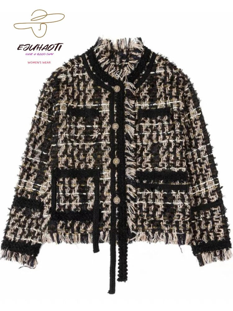 Women's Coat New French Style Small Fragrance 2024 Autumn Winter Retro Weave Tassels Temperament Tweed Tops Jacket