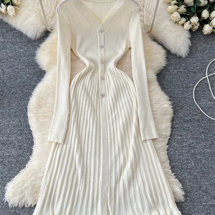 SINGREINY Autumn Knitting Sweater Dress Ladies V-Neck Single Breasted Full Sleeve Soft Slim Senior Knitted Casual Long Dress white One Size