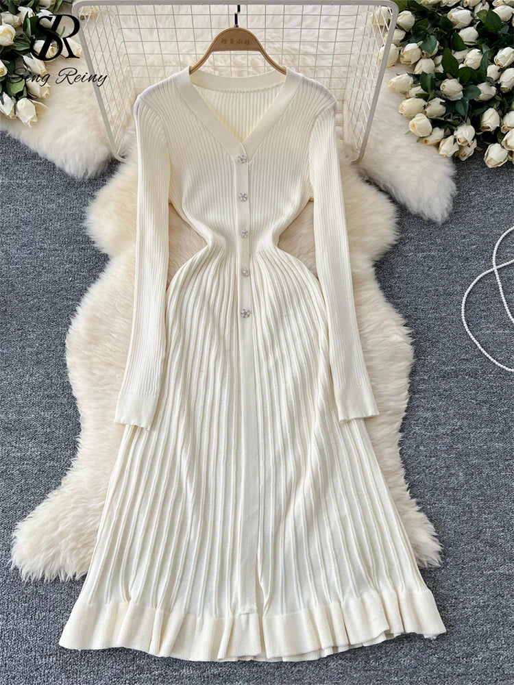 SINGREINY Autumn Knitting Sweater Dress Ladies V-Neck Single Breasted Full Sleeve Soft Slim Senior Knitted Casual Long Dress white One Size