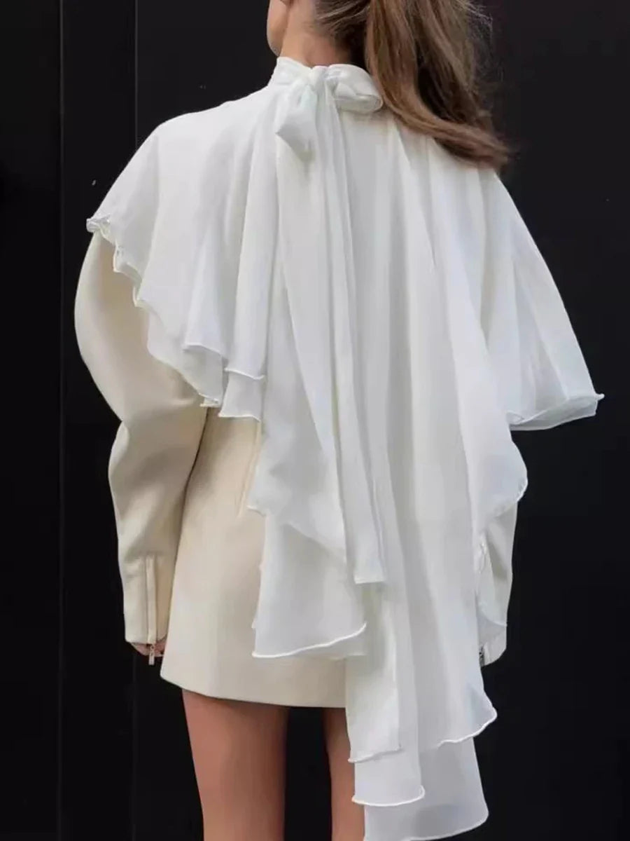 Solid Loose Spliced Lace Up Elegant Blouses for Women High Neck Sleeveless Irregular Blouse Female Fashion Clothing