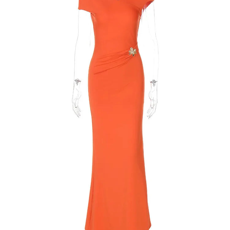 Hollow Out Backless Sexy Maxi Dress For Women Fashion Metal Buckle Solid Short Sleeve High Waist Slim Fit Long Dress