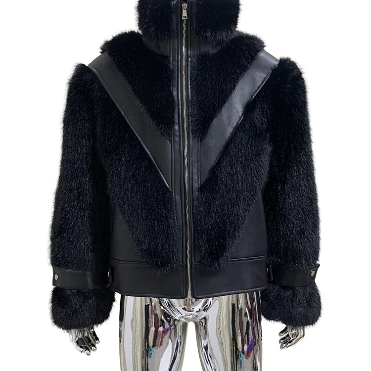 Lautaro Winter Cool Thick Warm Color Block Faux Fur Coat Men Stand Collar Luxury Zip Up Fluffy Jacket Runway European Fashion Black