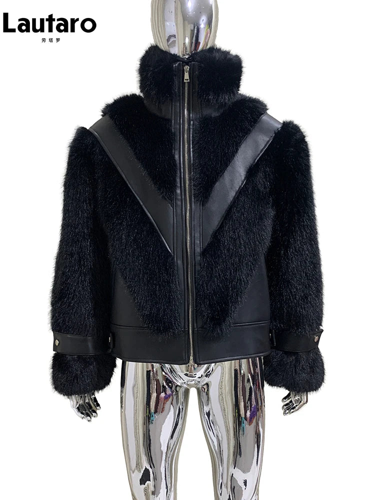 Lautaro Winter Cool Thick Warm Color Block Faux Fur Coat Men Stand Collar Luxury Zip Up Fluffy Jacket Runway European Fashion Black