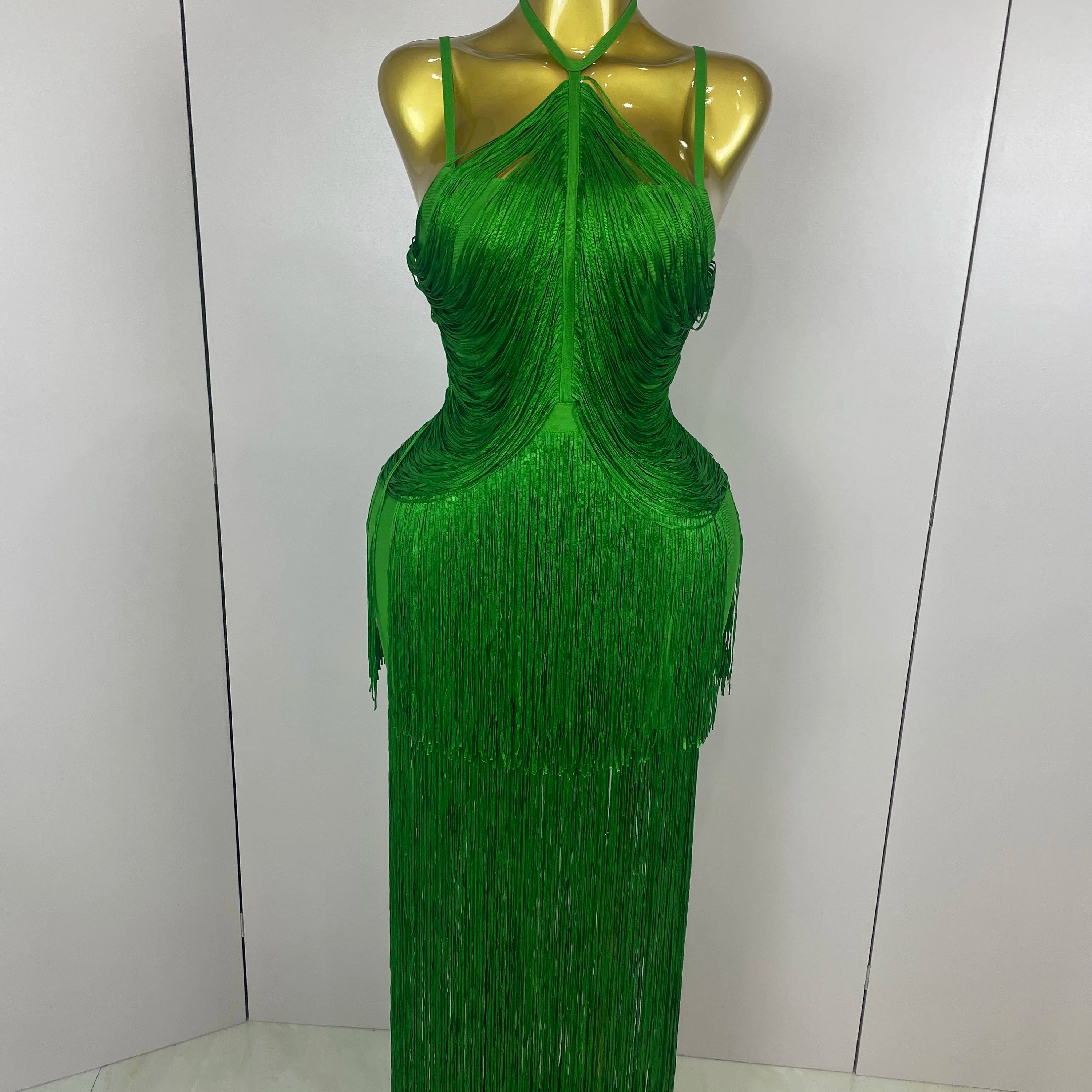 Sexy Backless Green Tassel Ankle Bodycon Bandage Dress 2025 Women Celebrity Elegant Evening Club Luxury Birthday Party Outfit green