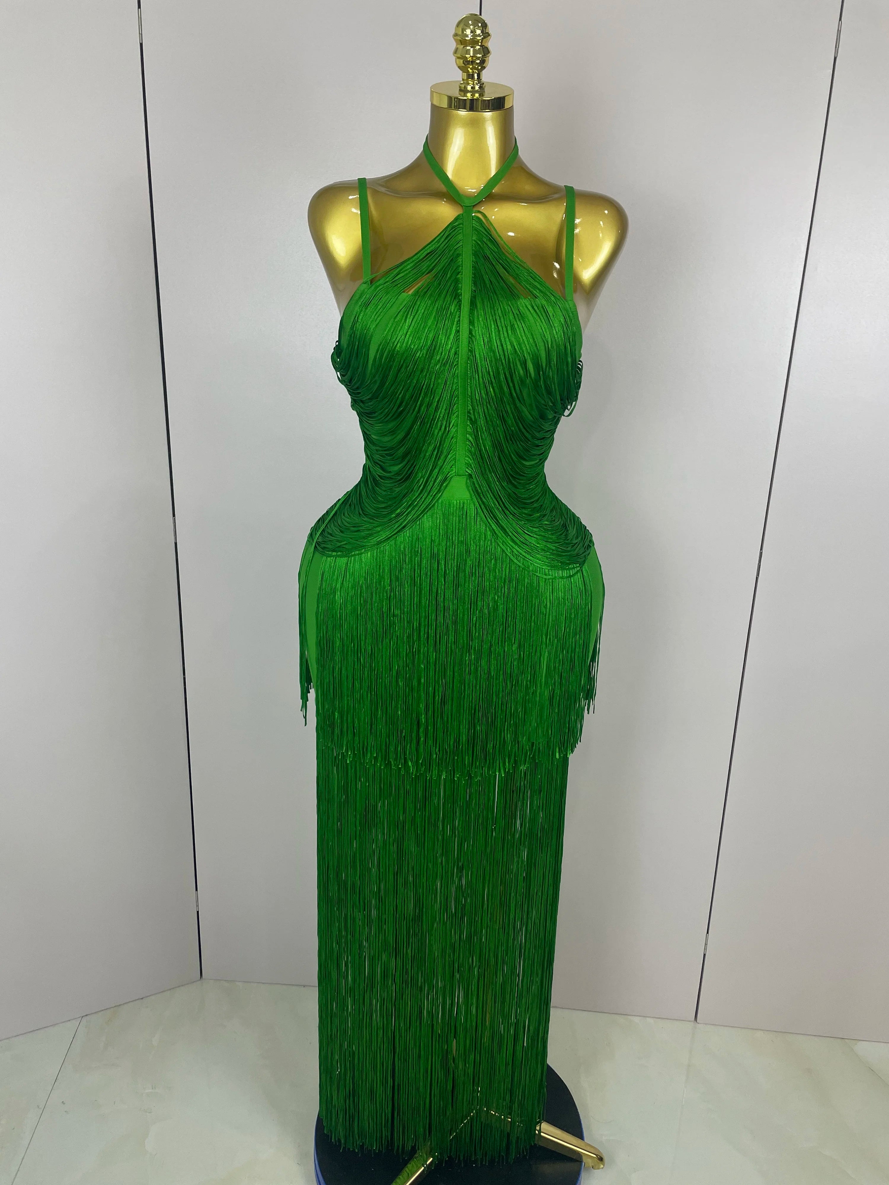Sexy Backless Green Tassel Ankle Bodycon Bandage Dress 2025 Women Celebrity Elegant Evening Club Luxury Birthday Party Outfit green