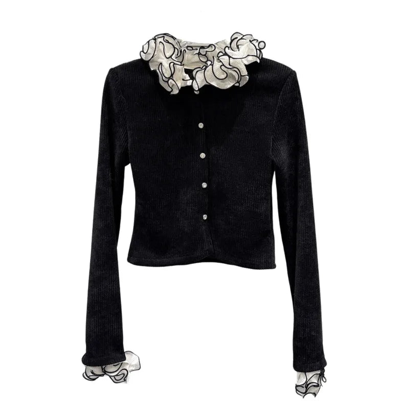 Winter New Sweet Fashion Ruched Lace Collar Corduroy Fabric Long Sleeve T-Shirt For Women Slim Fit Top Female 11A07684