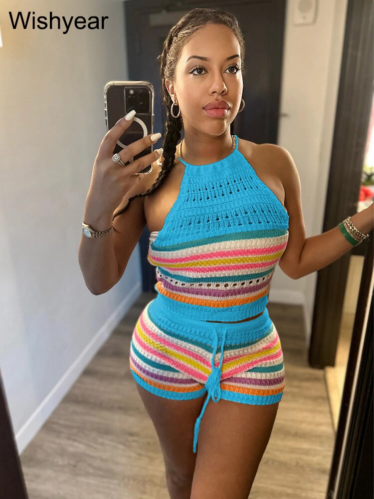 Wishyear Sexy Backless Halter Crop Top and Shorts Suit Two Piece Sets for Women Tracksuit Knitted Crochet Co Ord Summer Outfits Blue