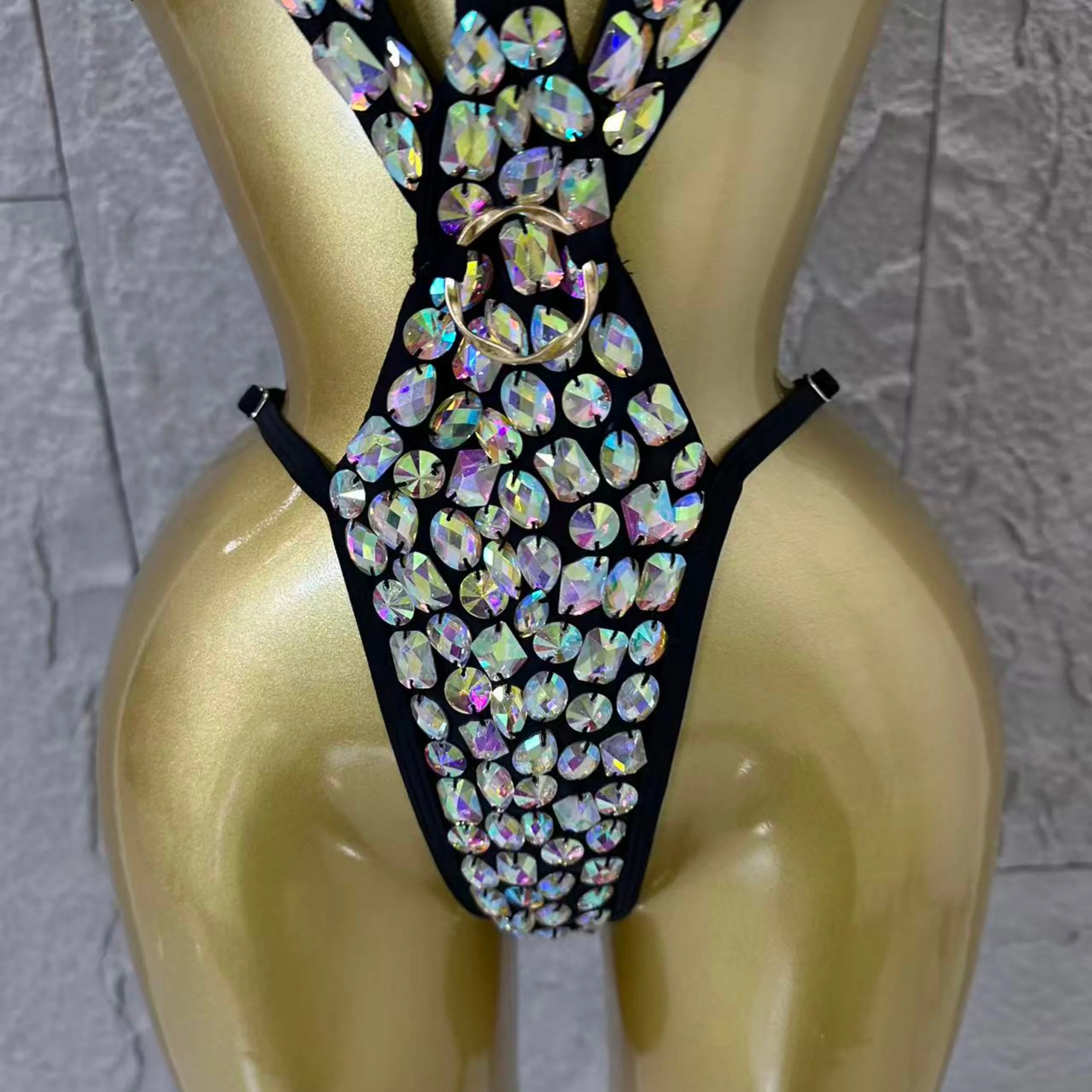 2026 Luxurious Black Bodysuit Women Sexy Halter Neck Iridescent Crystal Embellished Cutout Outfit Stage Performance Costume